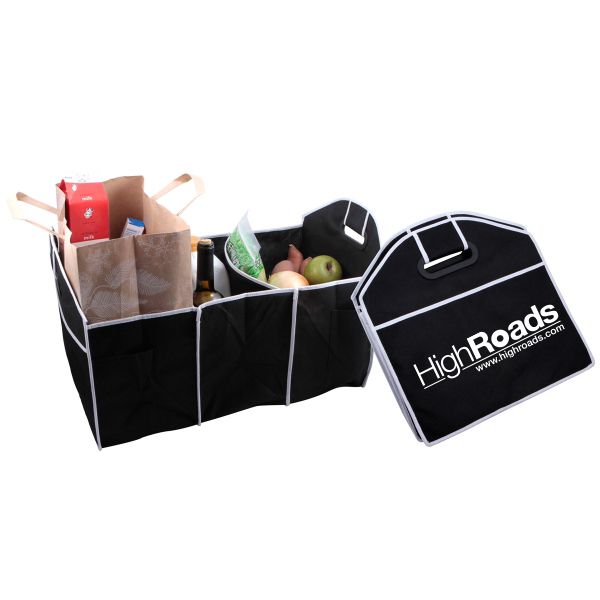 black container with white piping and groceries inside 