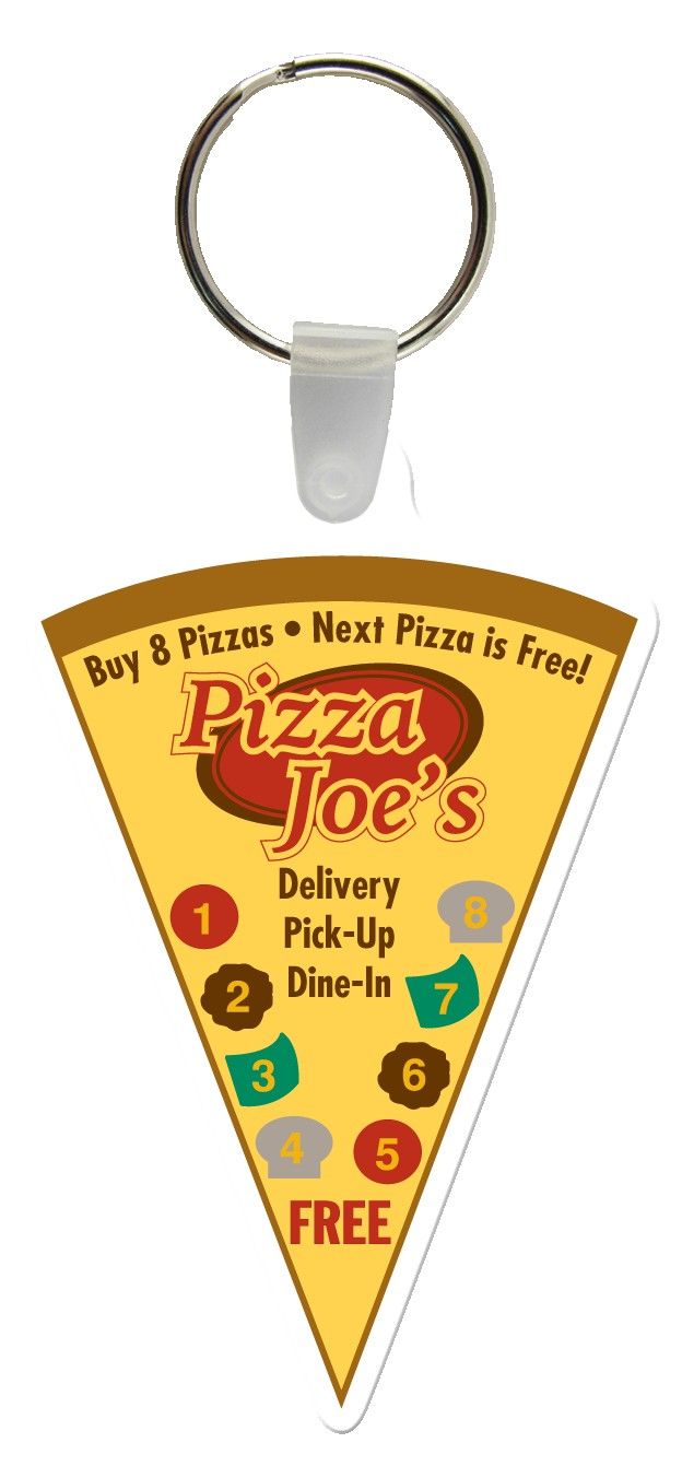 yellow pizza slice key ring with "pizza joes" on the front