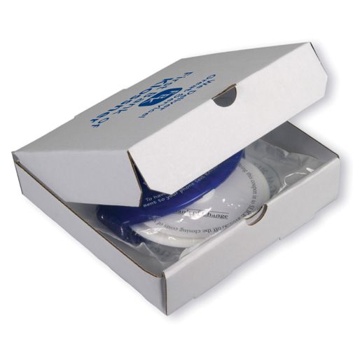 tiny pizza box with blue writing and a small pizza cutter inside