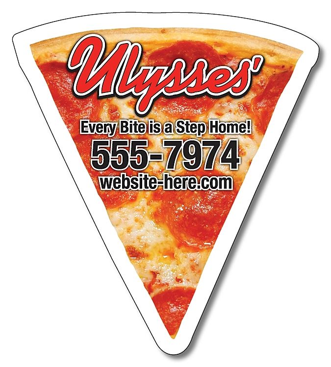 pepperoni slice magnet with a phone number and "ulysses'" on the front