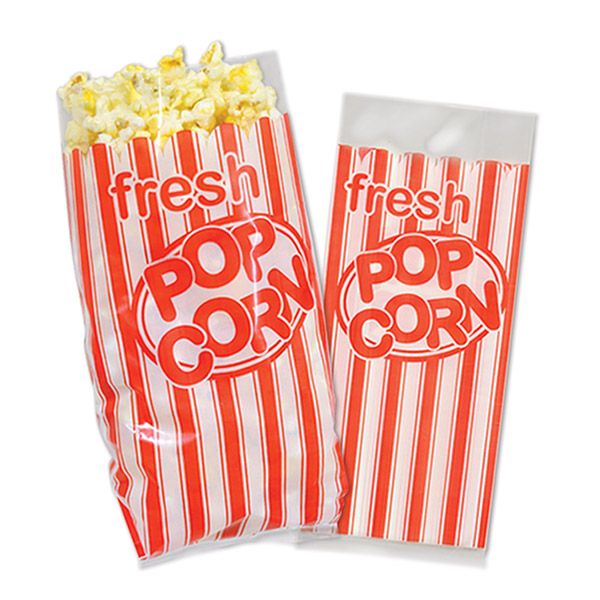 Two fresh popcorn bags with popcorn