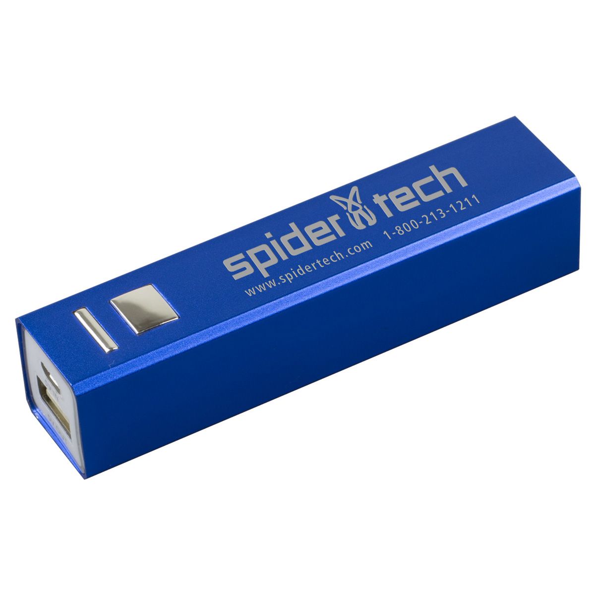 blue, rectangular, power bank with the words "spider tech" in silver