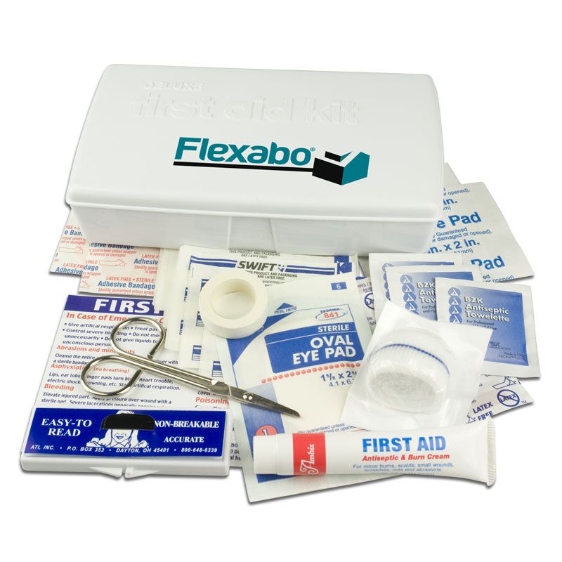 white box with "flexabo" in teal on the front infront are a variety of first aid implements 