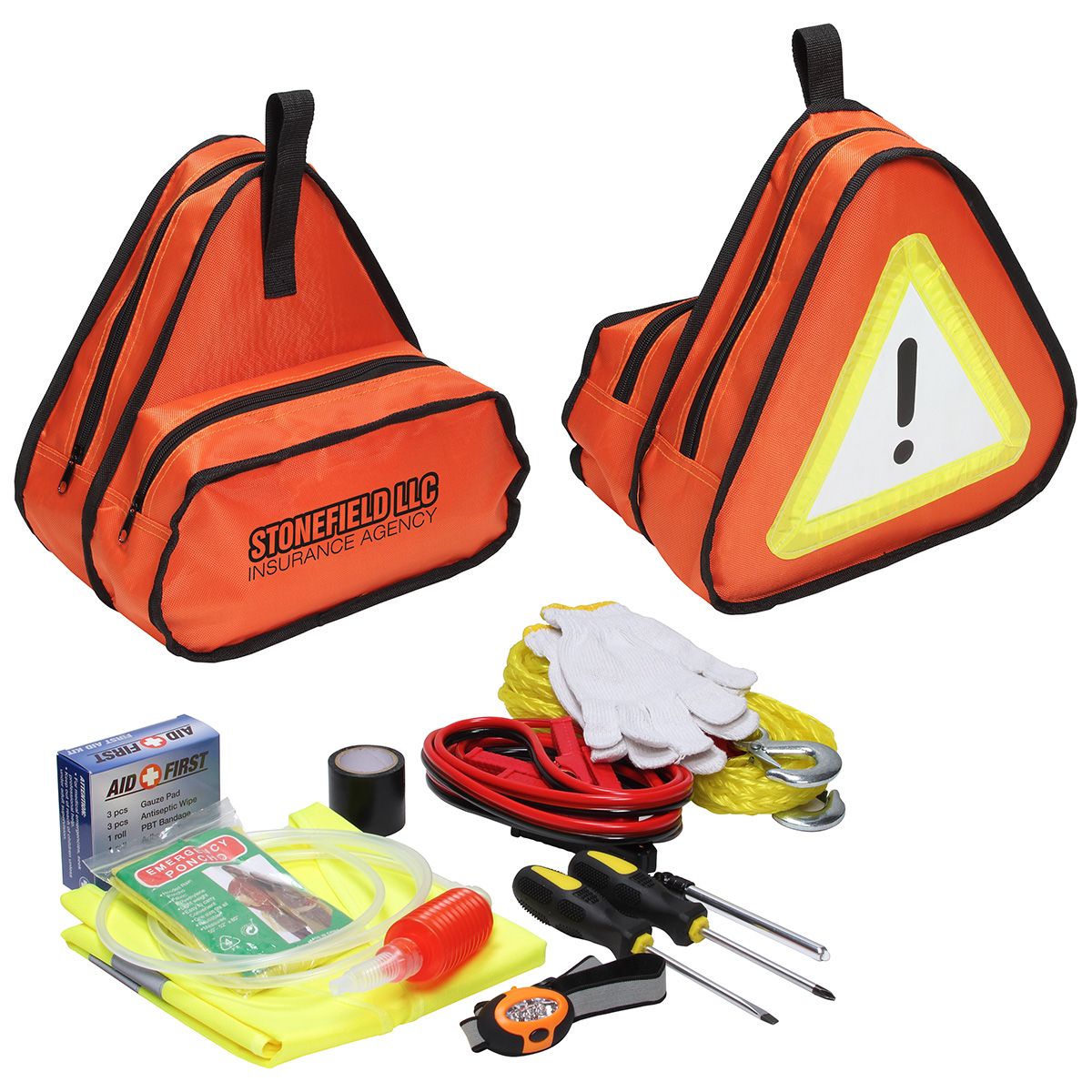 orange triangle bag with black piping and emergency gear in front