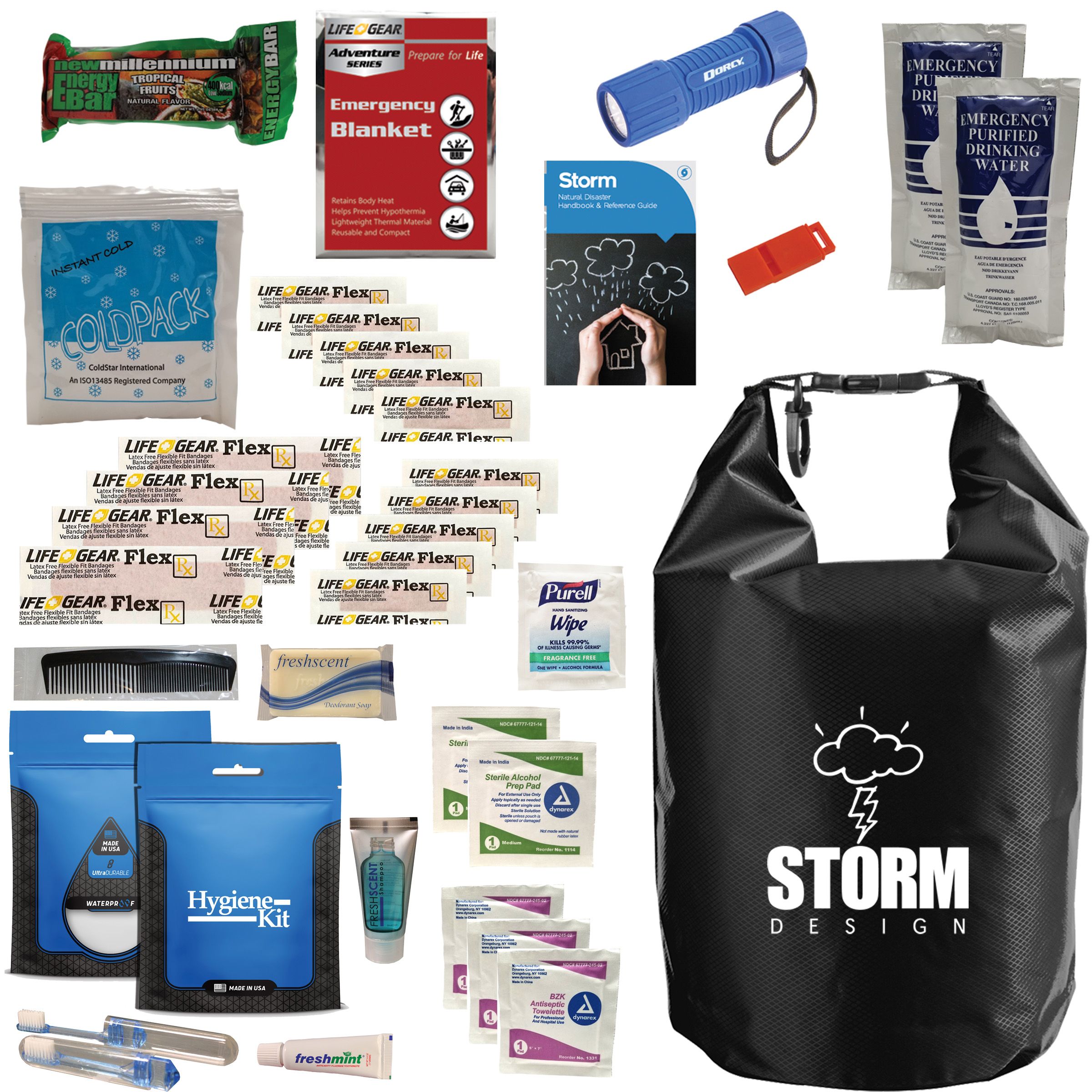black bag with "storm design" on the front and safety supplies 