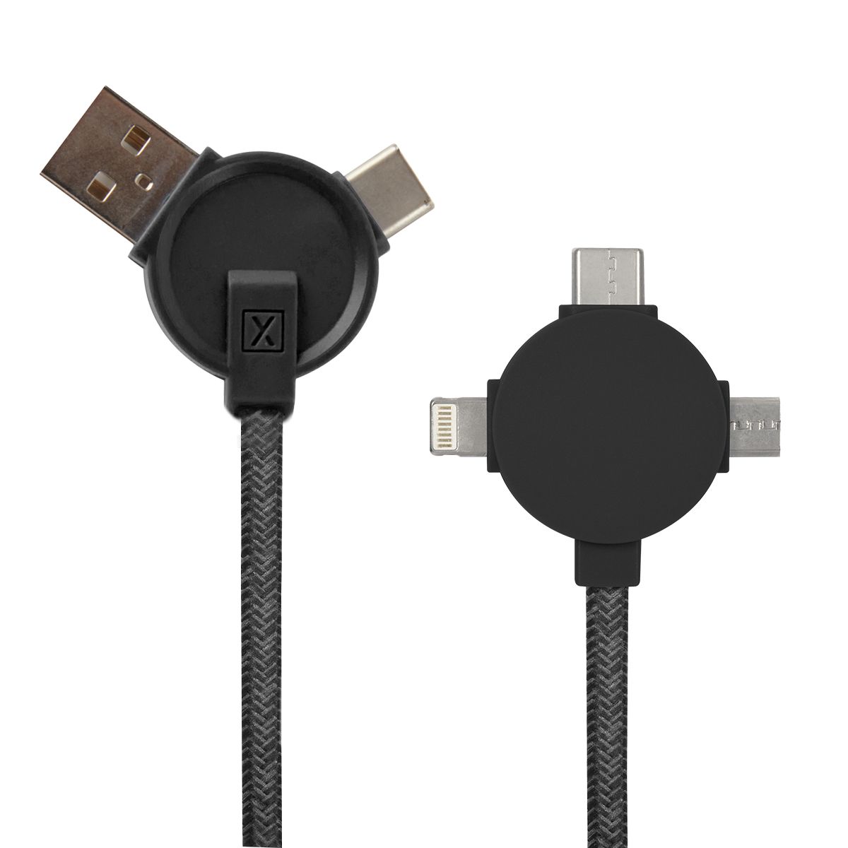 charging cable with a round disk at the end and a usb, usb-c, lightning cable, and micro-usb attached to the end