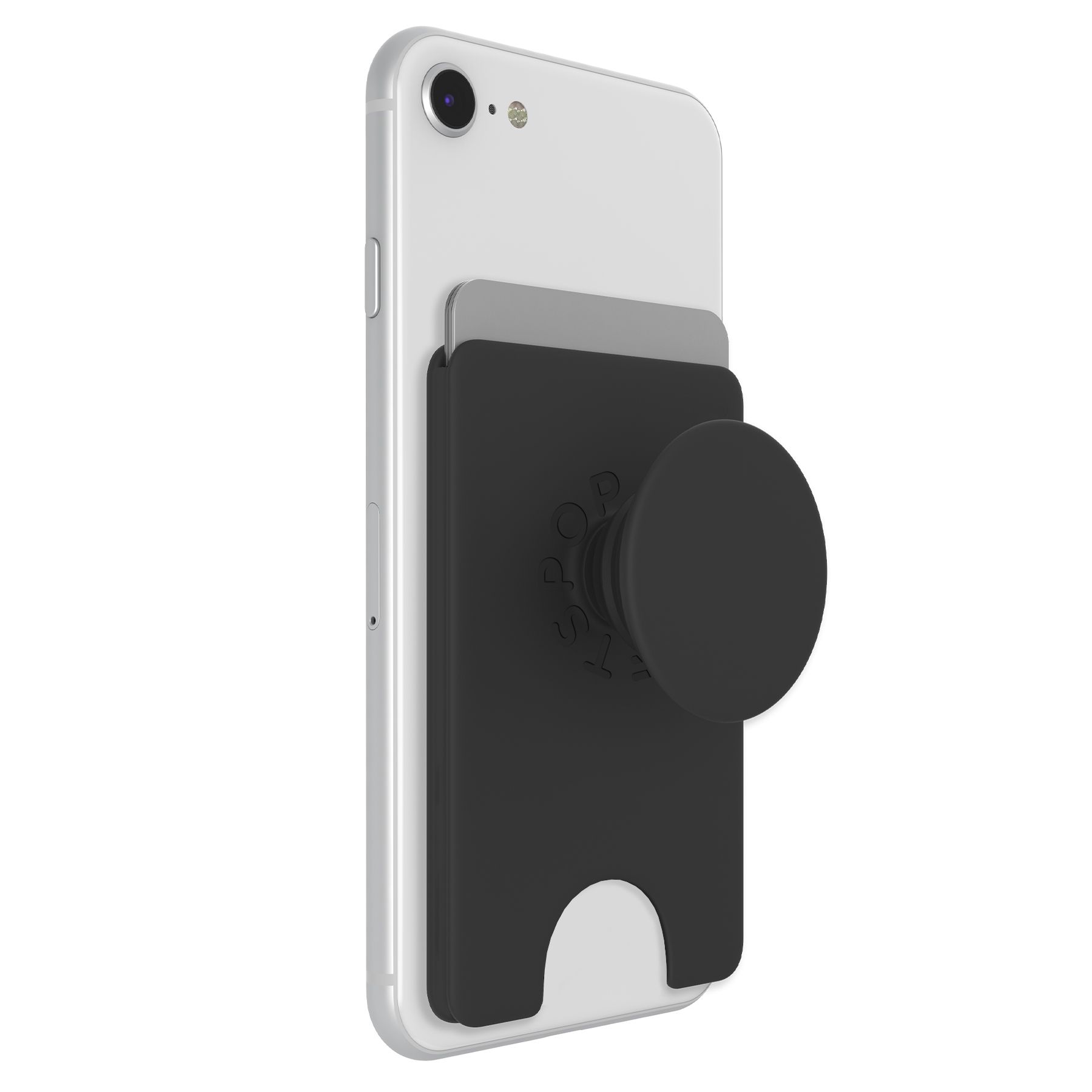 black rectangular object with round button and card adhered to a white phone