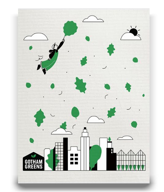 dish cloth with leaves and an guy holding onto a balloon in green a city is on the bottom with the word "gotham greens"