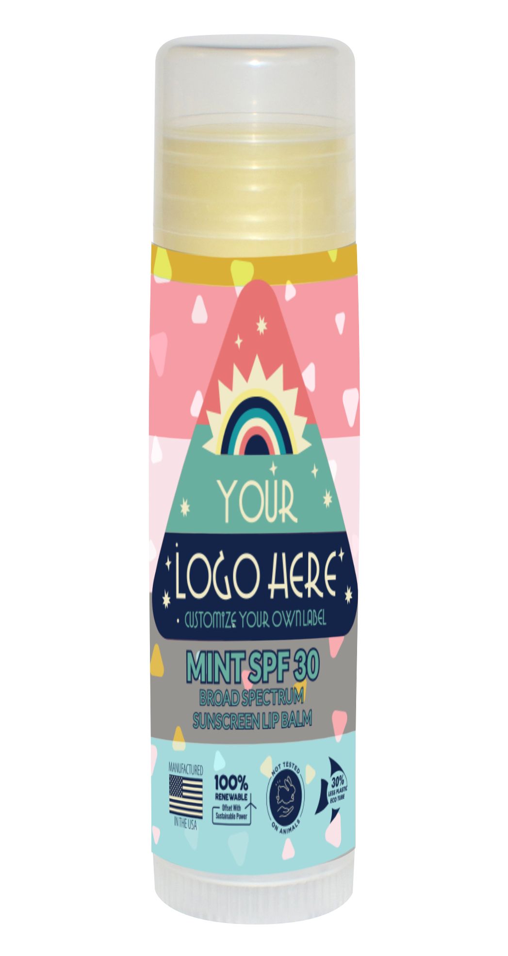rainbow lip balm tube with "your logo here" 