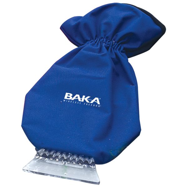 blue glove with "baka" on the front and a clear ice scraper