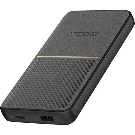 black powerbank with the word "otterbox" embossed on it