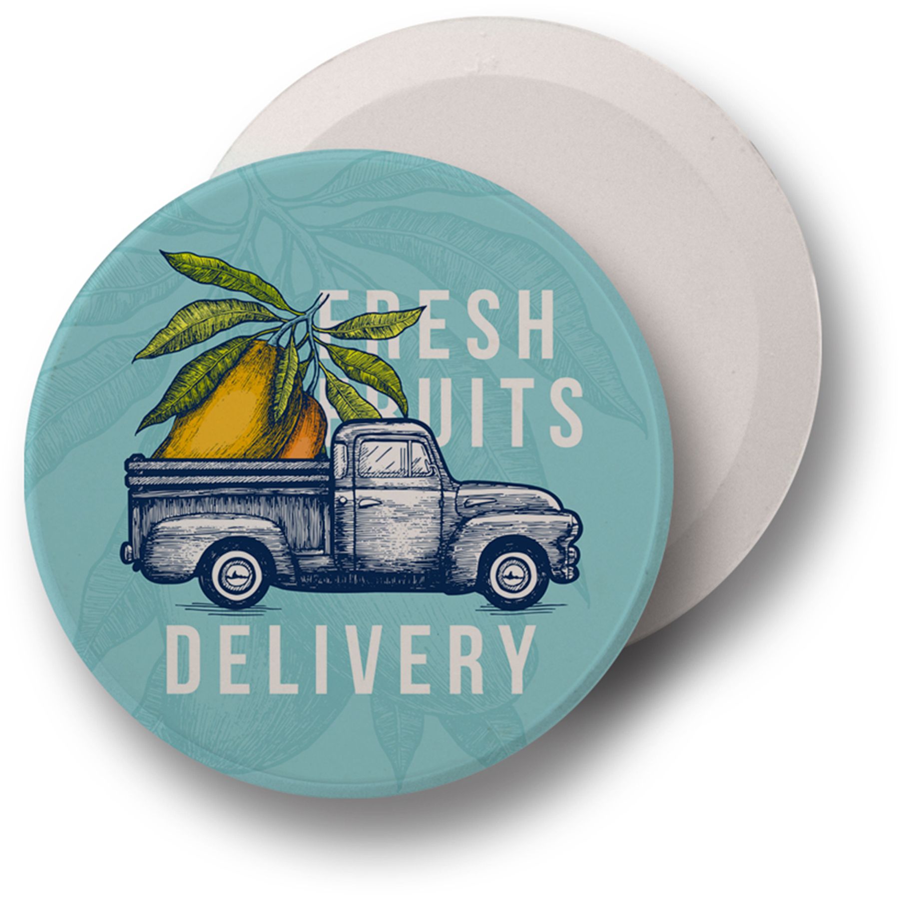 round coaster with truck and "fresh fruits delivery" on the front 
