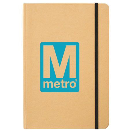 beige notebook with black band enclosing it a large cyan M with the word "metro" is imprinted on the cover