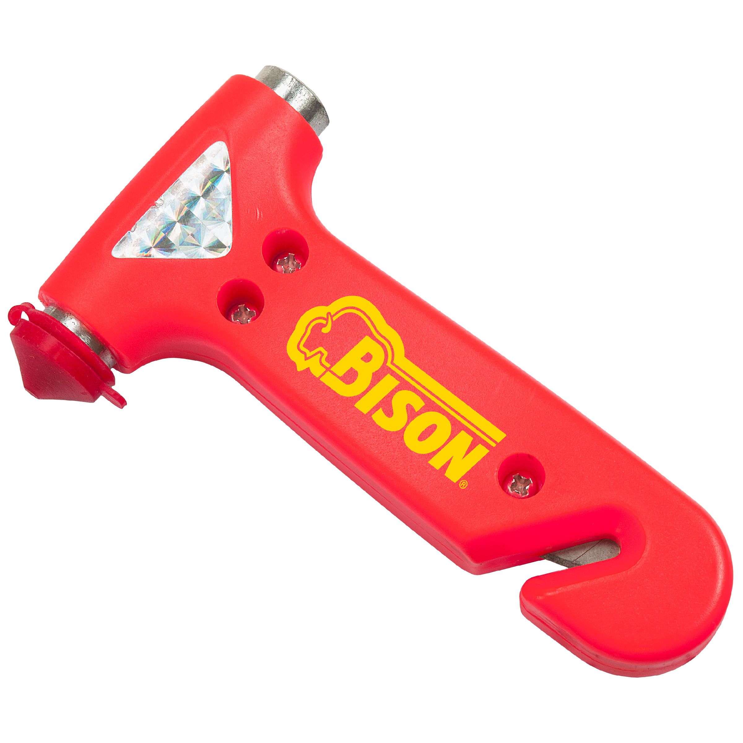 red plastic hammer with yellow font called "bison"