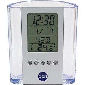 Clear Pen Cup w/ Digital Alarm Clock & Thermometer