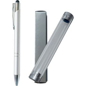 JJ Series Silver Double Ring Pen with Stylus, silver pen, stylus pen, in clear tube gift box