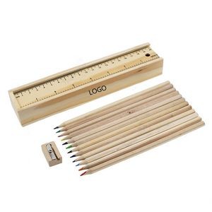 12 Colored Wood Pencils Set With Ruler& Sharpener & Wooden Pencil Box