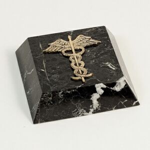 Black Marble Paperweight with Brass Medical Symbol (SCREENED)