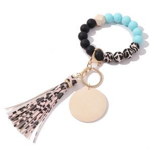 Silicone Bead Wood Tag Bracelet Key chain with Tassel