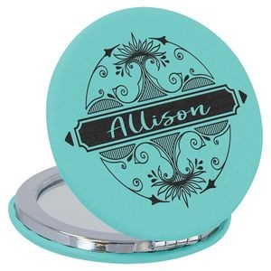 Teal Compact with Mirror, Laserable Leatherette, 2-1/2" Diameter