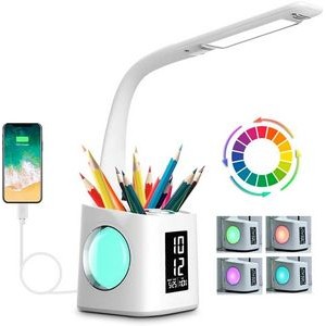 Study Desk Lamp with USB Charging Port&Screen&Calendar&Color Night Light, with Pen Holder&Clock