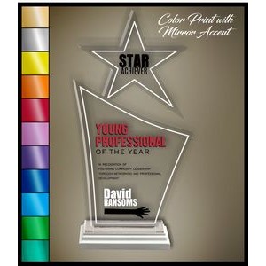 10" Star Finn Clear Acrylic Award, Color Printed in White Wood Mirror Accented Base