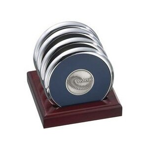 4 Round Solid Chrome Coasters w/ Solid Cherry Wood Upright Stand