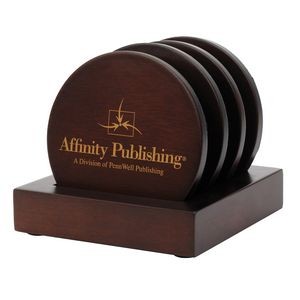 4-Piece Matte Finish Walnut Color 4" Round Wood Coaster Set comes with matching stand-up holder.