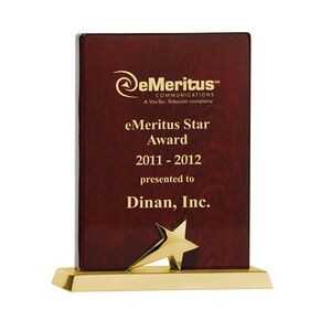 Trophy Award Plaque - 6" High Piano Wood Finish Plaque with Gold Star and gold metal base