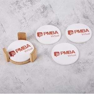 Round Ceramic Coaster: 4 Pc Set with Wood Stand
