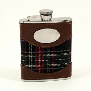 6 Oz. Brown Leather & Plaid Flask