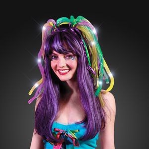 Purple Noodle Headband w/ LED's & Mardi Gras Colored Ribbons - BLANK