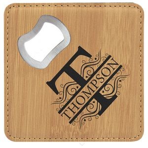 Square Bamboo Laser Engraved Leatherette Coaster with Bottle Opener (4" x 4")