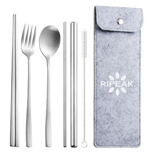 6-Piece 304 Stainless Steel Flatware Spoon Chopsticks Fork Straw Tableware Set W/Felt Bag