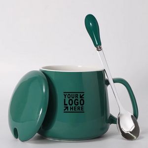 13 Oz. Ceramic Coffee Cup w/Spoon & Wooden Cover