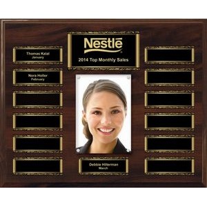 Walnut Finish 13-Plt Magnetic Scroll Border Photo Plaque with Easy Perpetual Plt Release Program