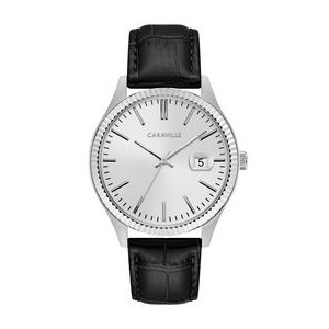 Caravelle Men's Leather Strap Dress Watch with Date Marker and Silver Dial