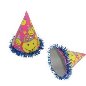 9.5" Tall Fringed Foil Party Hat w/Printed Smile Face