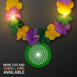 Mardi Gras Lei Light Up Flower Necklace with Green Medallion - Domestic Print
