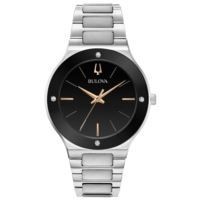 Bulova Men's Silver-tone Watch with Black Dial and Diamonds