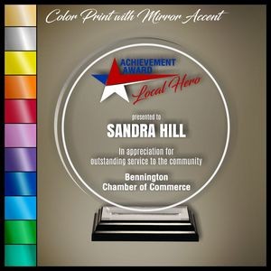 8" Round Clear Acrylic Award, Color Printed in Black Wood Mirror Accented Base