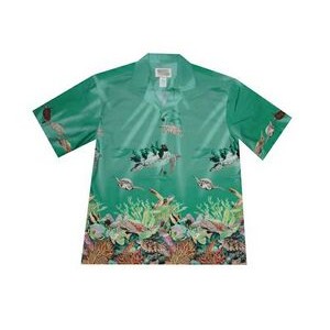 Green Hawaiian Border Print Cotton Poplin Shirt w/ Button Front