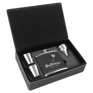 6 Oz. Black Laserable Leatherette Flask Gift Set With Silver Engraving