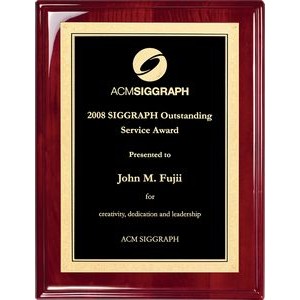 Rosewood Piano Finish Plaque, 9"x12", Black-Gold Brass Plate w/Florentine Border