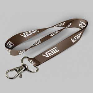 5/8" Brown custom lanyard printed with company logo with Thumb Trigger attachment 0.625"