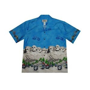 Blue Hawaiian Border Print Cotton Poplin Shirt w/ Button Front