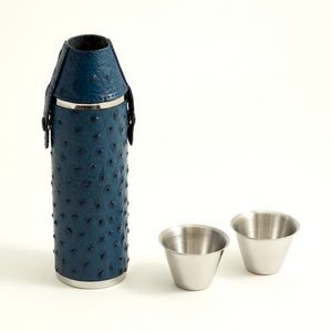 10 Oz. Blue "Ostrich" Leather Cylinder Flask w/Cups