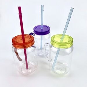 Plastic mason jar with straw and handle