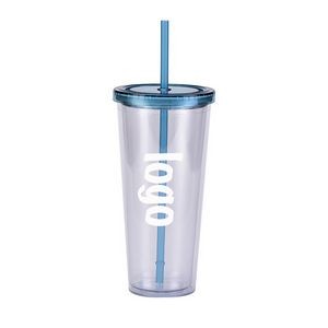 24Oz Plastic Double Wall Clear Tunber With Straw