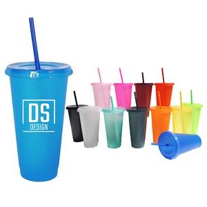 24 Oz. Reusable Plastic Wall Cup With Lid And Straw
